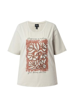 T-shirt di cotone color crema con maniche corte, decorato con una stampa floreale marrone e la scritta "La felicità è realizzare i tuoi sogni".