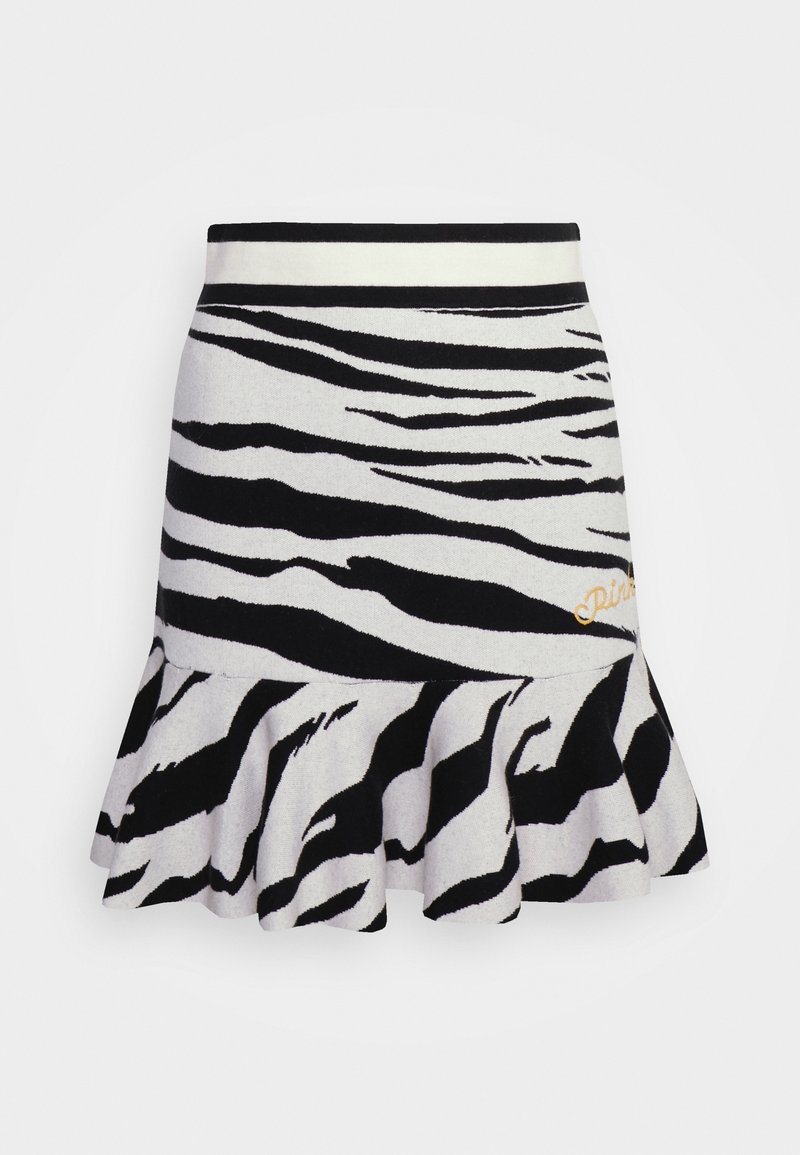Jupe à imprimé zèbre en noir et blanc avec ourlet évasé et ceinture rayée noire et blanche, avec un petit détail en écriture dorée sur le côté.