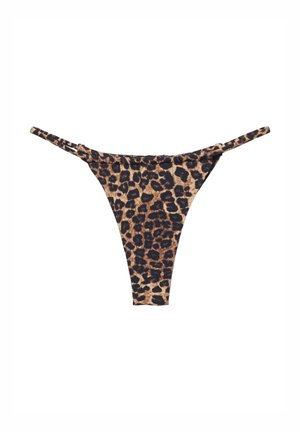 Slip bikini con stampa leopardata e sottili spalline laterali, progettato per il costume da bagno o l'intimo.