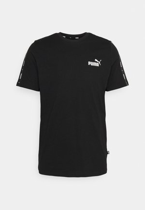 Zwarte katoenen T-shirt met korte mouwen, voorzien van een wit Puma-logo op de borst en met patroonaccenten langs de schouders.