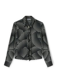 Zwart shirt met een geometrisch patroon van witte stippen en harten, lange mouwen, een kraag en een sluiting aan de voorkant met een strik. Soepele textuur van de stof.