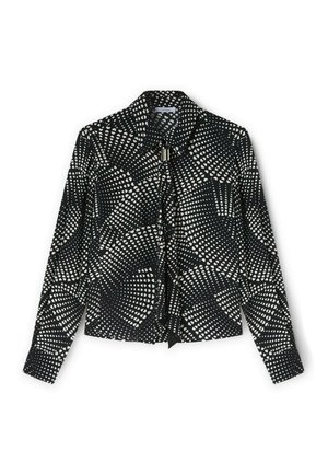 Black shirt featuring a geometric pattern of white dots and hearts, long sleeves, a collar, and a front tie closure. Smooth fabric texture.