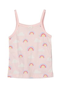 Jasnoróżowy top na ramiączkach z nadrukiem tęczy i chmur, z cienkimi ramiączkami i falbaniastym wykończeniem. Mała biała kokardka przy dekolcie.