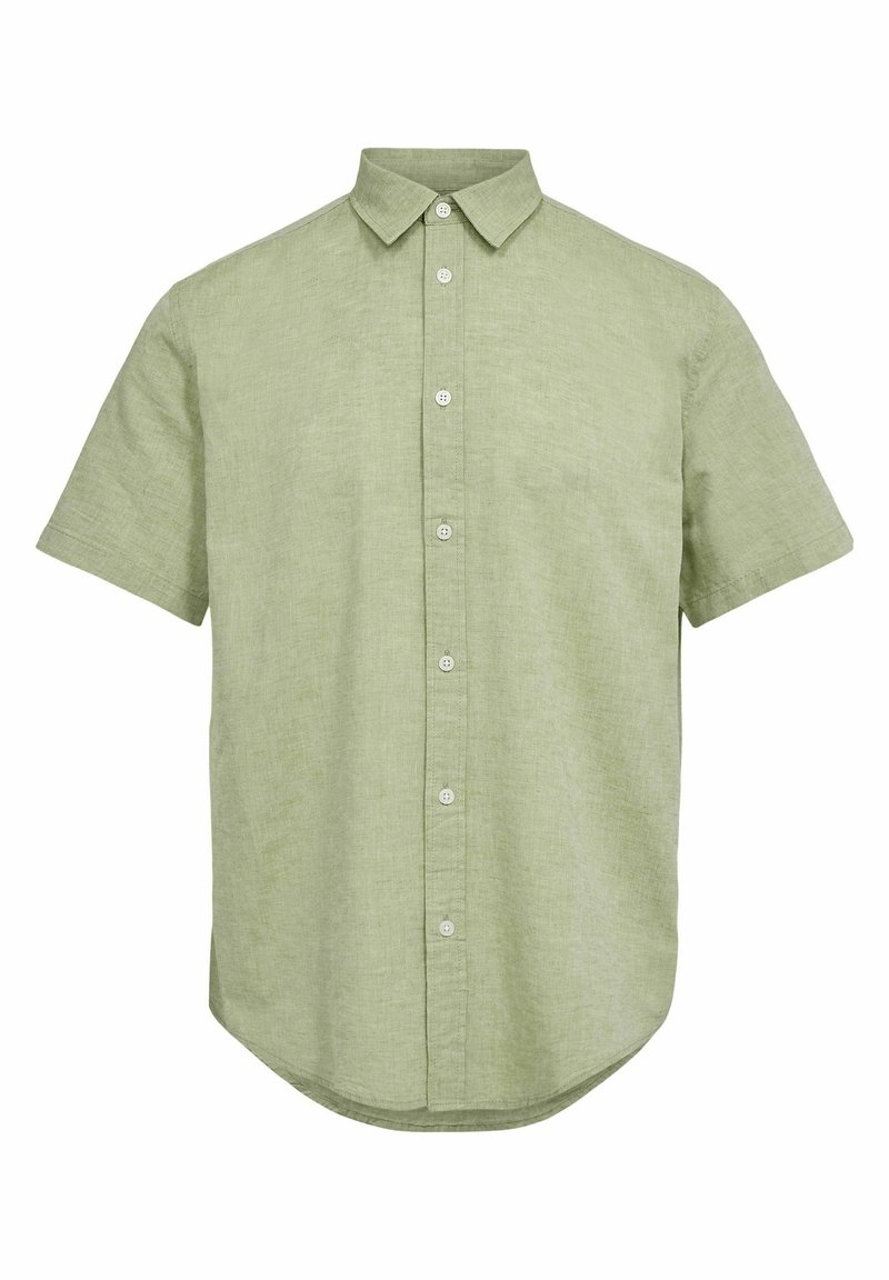 Lühikeste varrukatega nuppudega särk helesinisest linast, klassikalise krae, sirge lõike ja peene tekstuuriga, millel on nähtavad õmblused.