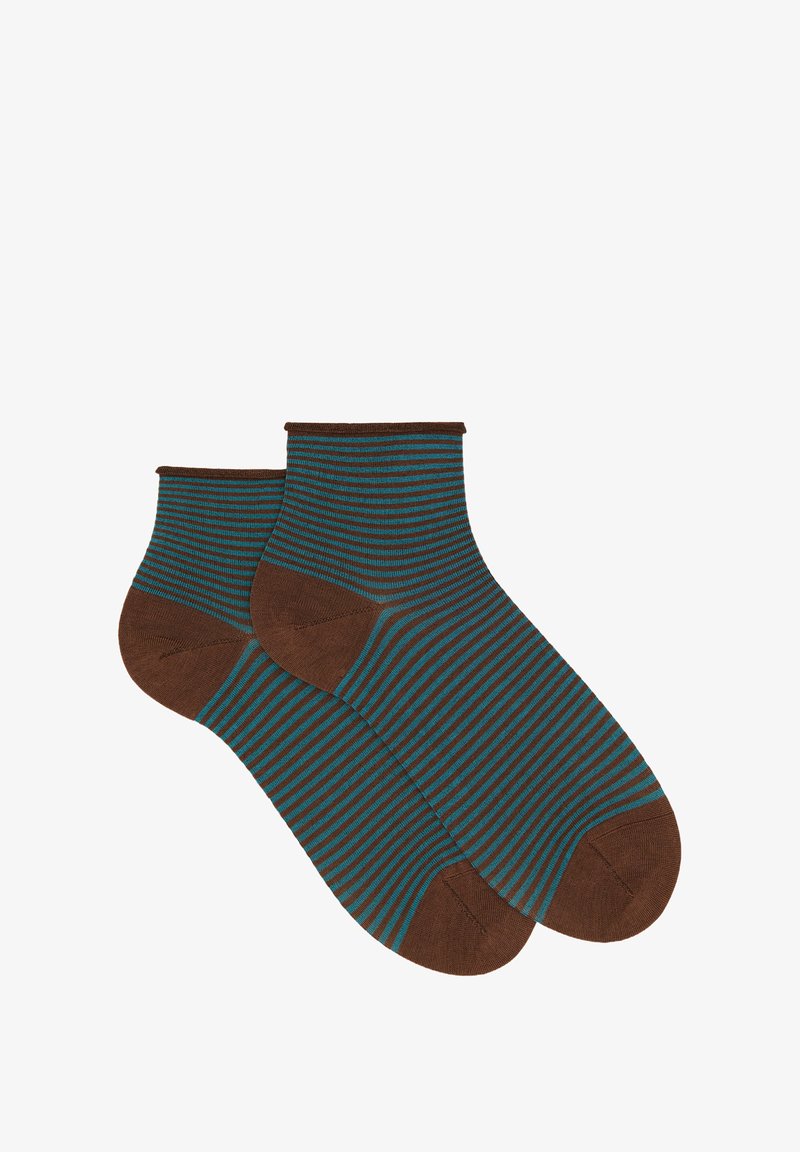 Brown and teal striped ankle socks made from soft fabric, featuring a solid brown heel and cuff. Smooth texture with horizontal stripes.