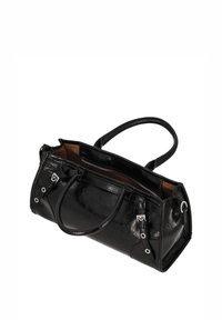 Sac à main en cuir noir avec finition texturée, double poignées supérieures, ferrures argentées et fermeture éclair. Intérieur doublé marron.