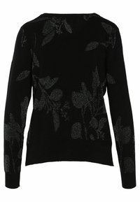Pull noir à manches longues avec des motifs floraux gris subtils sur le devant, les manches et les épaules.