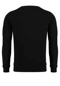 Schwarzer Strickpullover mit langen Ärmeln, Rundhalsausschnitt, gerippter Textur sowie gerippten Bündchen und Saum. Glatte Oberfläche ohne Muster oder Akzente.
