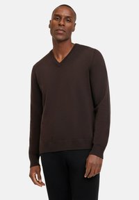 Brauner V-Ausschnitt-Pullover, gestrickte Textur, lange Ärmel, gerippte Bündchen und Saum, auf einem Model vor einem schlichten Hintergrund präsentiert.