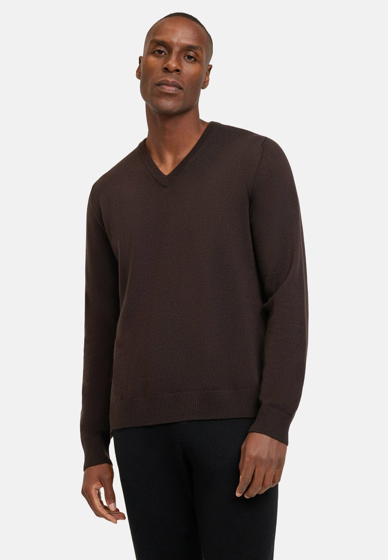 Brauner V-Ausschnitt-Pullover, gestrickte Textur, lange Ärmel, gerippte Bündchen und Saum, auf einem Model vor einem schlichten Hintergrund präsentiert.
