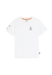 Biała bawełniana koszulka z krótkim rękawem, okrągłym dekoltem, czarnym logo "Dakar" na piersi oraz pomarańczowym akcentem wewnątrz kołnierzyka.