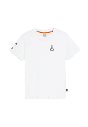 Biała bawełniana koszulka z krótkim rękawem, okrągłym dekoltem, czarnym logo "Dakar" na piersi oraz pomarańczowym akcentem wewnątrz kołnierzyka.