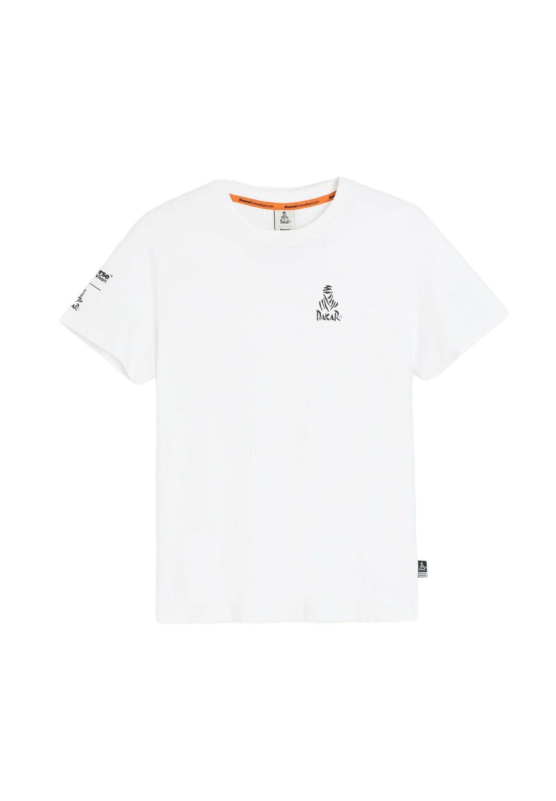 Biała bawełniana koszulka z krótkim rękawem, okrągłym dekoltem, czarnym logo "Dakar" na piersi oraz pomarańczowym akcentem wewnątrz kołnierzyka.