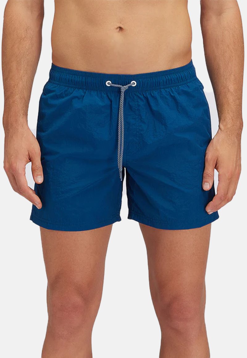 Blauwe zwembroek met een elastische tailleband en trekkoord. Gemaakt van lichtgewicht, gestructureerde stof, met een klassieke snit tot halverwege de dij.