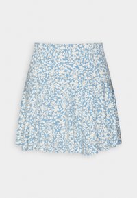 Hellblauer Minirock mit einem weißen Blumenmuster, elastischem Taillenbund und gefälteltem Design. Hergestellt aus weichem, leichtem Stoff.