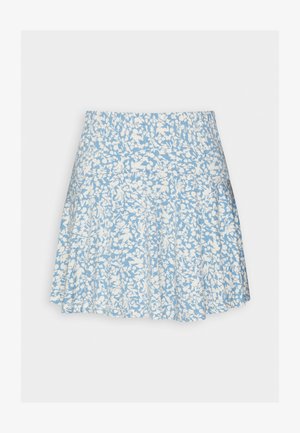 Svetlomodrá minisukňa s bielym kvetinovým vzorom, elastickým pásom a skladaným dizajnom. Vyrobená z mäkkej, ľahkej látky.