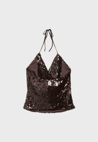 Crop top noir à sequins, col halter, décolleté en V profond et fermeture à nouer dans le dos.