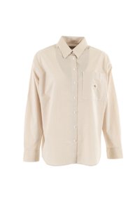 Camisa beige de botones con finas rayas verticales, mangas largas, cuello y un bolsillo en el pecho con un pequeño logotipo de la marca. Algodón texturizado.