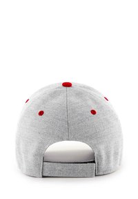 Gray baseball cap featuring a textured fabric, with red accents on the eyelets and button. Adjustable strap at the back for fit.