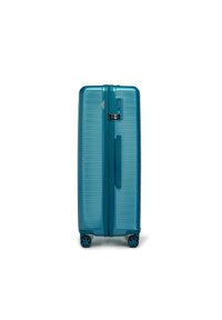 Tuhá kufřík v barvě tyrkysové, s rýhovaným povrchem, dvojitými kolečky, dvojitým zipem a integrovaným zámkem pro zajištění bezpečnosti.