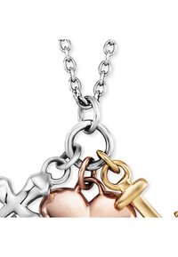 Sølv, guld og rosaguld metal vedhæng necklace med hjerte-, kors- og sværdedesign, med kæde-link detalje.