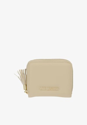 Portafoglio beige Love Moschino con zip dorata, ciondolo a nappina e nome del marchio in rilievo sulla parte frontale, design compatto rettangolare.