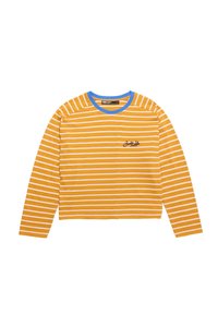 Langsleeve gestreept shirt met gele en lichtroze horizontale strepen, een blauwe halslijn en een geborduurd logo op de borst.