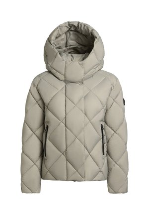 Quilted puffer jacket in light beige with a high collar and oversized hood. Features side zip pockets and textured diamond pattern.