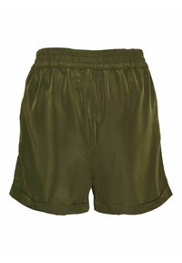 Szorty w oliwkowej zieleni wykonane z gładkiej tkaniny, z elastycznym pasem, podwiniętymi mankietami i luźnym krojem. Brak widocznych kieszeni.