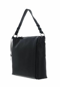 Zwarte leren schoudertas met een gladde textuur, ritssluiting, verstelbare schouderband en hardware in zilverkleur. Heeft een minimalistisch ontwerp.