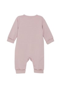 Combinaison pour bébé rose clair avec des manches longues, des poignets côtelés et des fermetures à pressions au bas. Tissu doux et extensible avec une texture lisse.