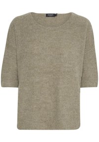 Krótki rękaw, luźny sweter z miękkiej oliwkowej dzianiny. Posiada okrągły dekolt oraz minimalistyczny design z fakturowanym wykończeniem.