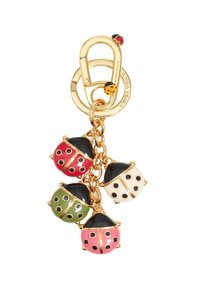 Gold keychain featuring four ladybug charms in red, green, pink, and white with black accents and dots, attached with a linked chain.