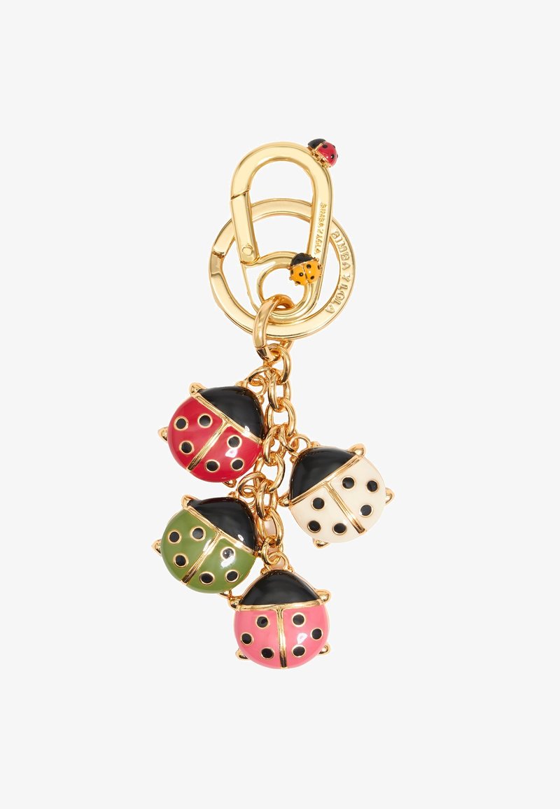 Gold keychain featuring four ladybug charms in red, green, pink, and white with black accents and dots, attached with a linked chain.