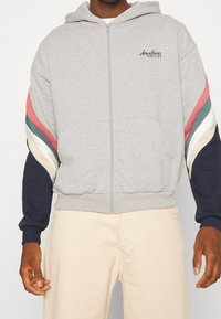 Felpa grigia con zip, dotata di cappuccio, righe colorate in rosso, verde e crema sulle maniche, con tasche frontali e dettagli del logo ricamati.
