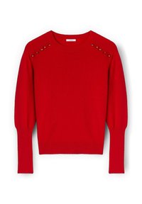 Červený pletený svetr s kulatým výstřihem, dlouhými rukávy a ozdobnými korálky na ramenních švech. Měkká struktura a přiléhavý střih.