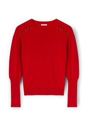 Czerwony sweter z dzianiny z okrągłym dekoltem, długimi rękawami i dekoracyjnymi akcentami z koralików na szwach ramion. Miękka tekstura i dopasowany krój.