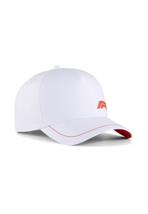 Cappellino da baseball bianco con visiera curva, bordo rosso lungo il bordo e un piccolo logo rosso sul lato frontale destro.