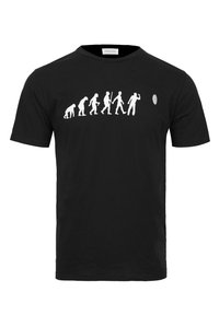Black cotton t-shirt featuring white graphic depicting the evolution of man. Crew neck design with short sleeves and a small logo accent.