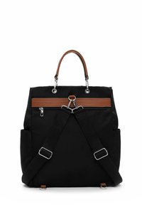 Black backpack with brown leather handle and trim, adjustable shoulder straps, side pockets, and a rear zippered pocket.