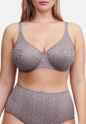 Grey lace bra featuring a floral pattern, underwire support, adjustable straps, and seamless edges, paired with matching high-waisted briefs.