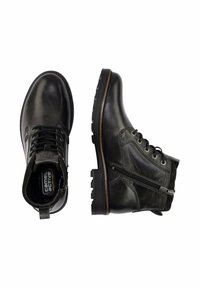 Schwarze Leder-Stiefel bis zum Knöchel mit Schnürung und Reißverschluss, runder Schuhspitze, strukturiertem Einsatz und robuster Gummisohle mit Profilmuster.