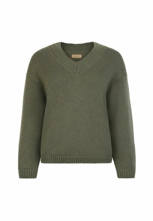 Olivenfarvet strikket sweater med V-hals og sænkede skuldre. Har ribkantsmanchetter og kant, der fremhæver en afslappet pasform og tekstur.