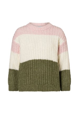 Gruby sweter wykonany na drutach z szerokimi, poziomymi paskami w kolorach różowym, białym i oliwkowozielonym, z prążkowanym okrągłym dekoltem i mankietami.