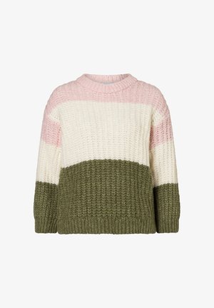 Gruby sweter wykonany na drutach z szerokimi, poziomymi paskami w kolorach różowym, białym i oliwkowozielonym, z prążkowanym okrągłym dekoltem i mankietami.