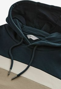 Hættetrøje med farveblokke i mørkegrøn, creme og beige. Den har en hætte med snore og en blød tekstur. Mærket er synligt indeni.