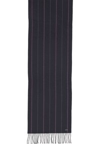 Sciarpa di lana di un blu navy scuro con sottili righe viola e bianche, rifinita con frange ai bordi, dotata di un piccolo etichetta con marchio.