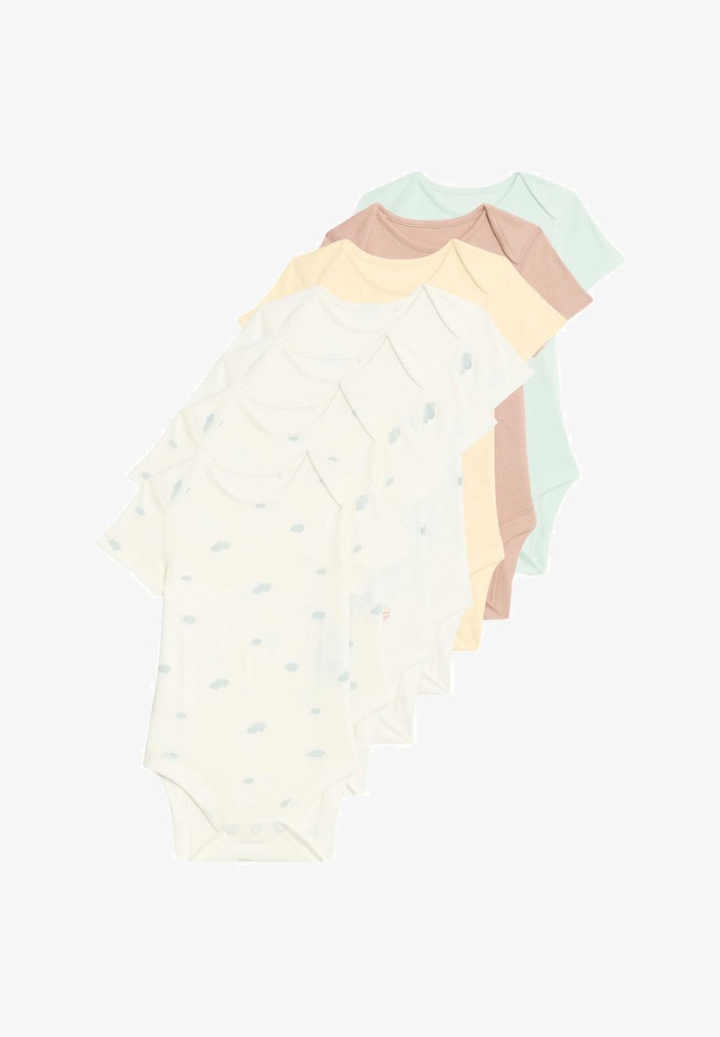 Set van zes baby rompertjes van zacht katoen. Kleuren zijn onder andere gebroken wit met blauwe wolkenpatronen, lichtgroen, beige, zachtgeel en gedempt roze.