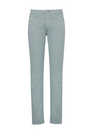 Light blue denim jeans with a straight leg design, five-pocket style, and front button closure. Smooth texture and minimalist stitching detail.