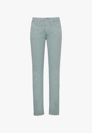 Light blue denim jeans with a straight leg design, five-pocket style, and front button closure. Smooth texture and minimalist stitching detail.